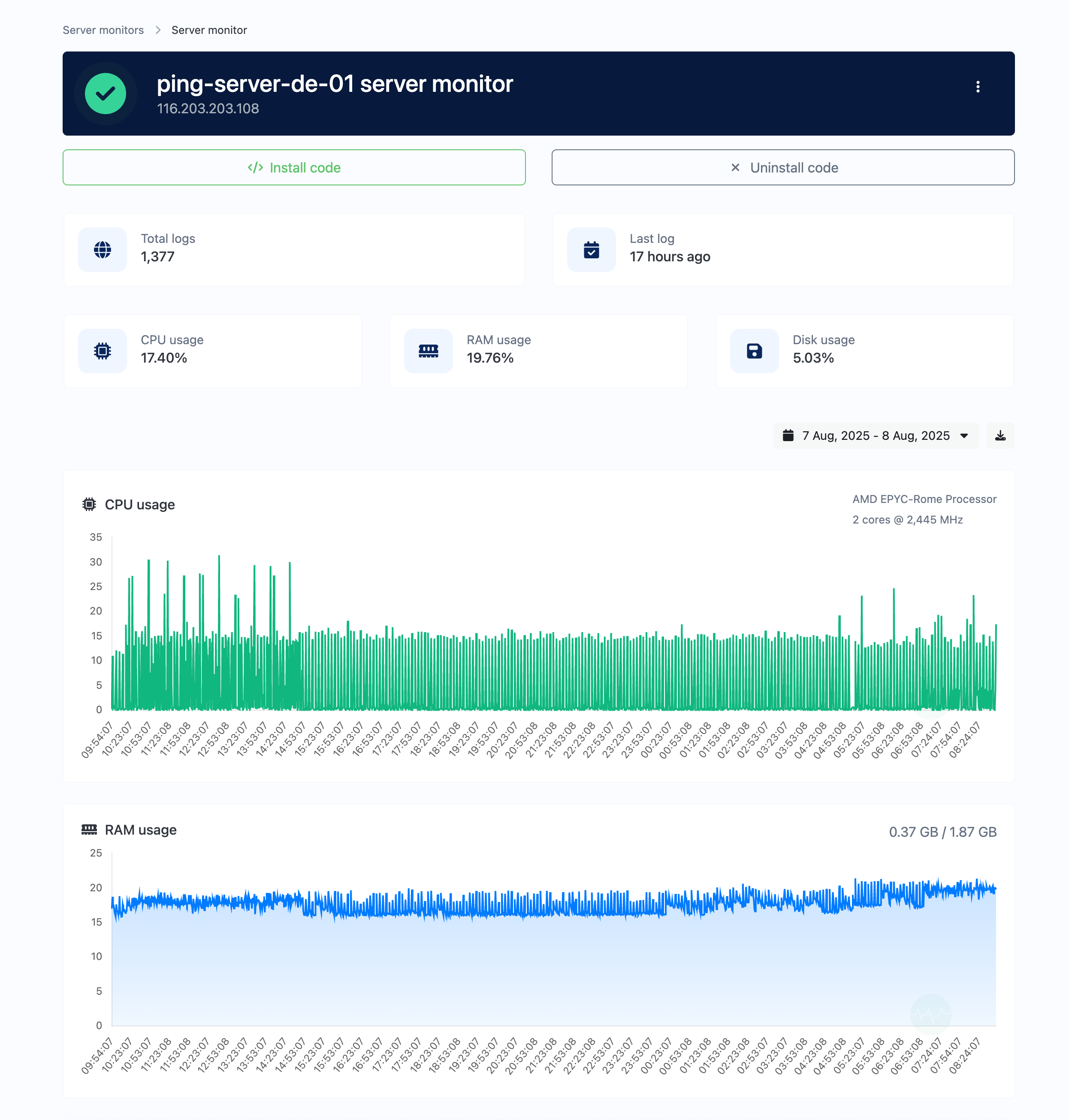 Screenshot of the app server monitor page