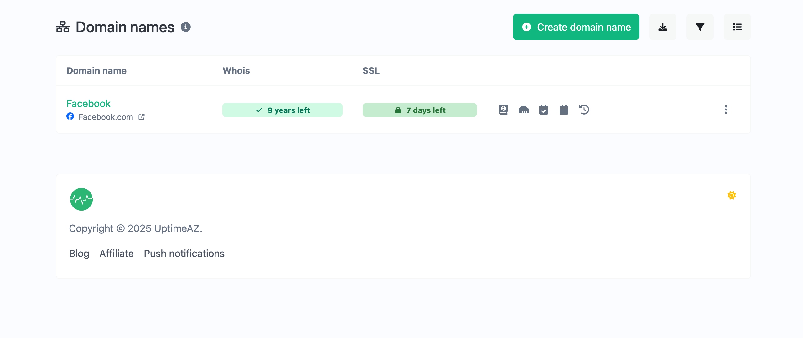 Screenshot of the app domain names list page