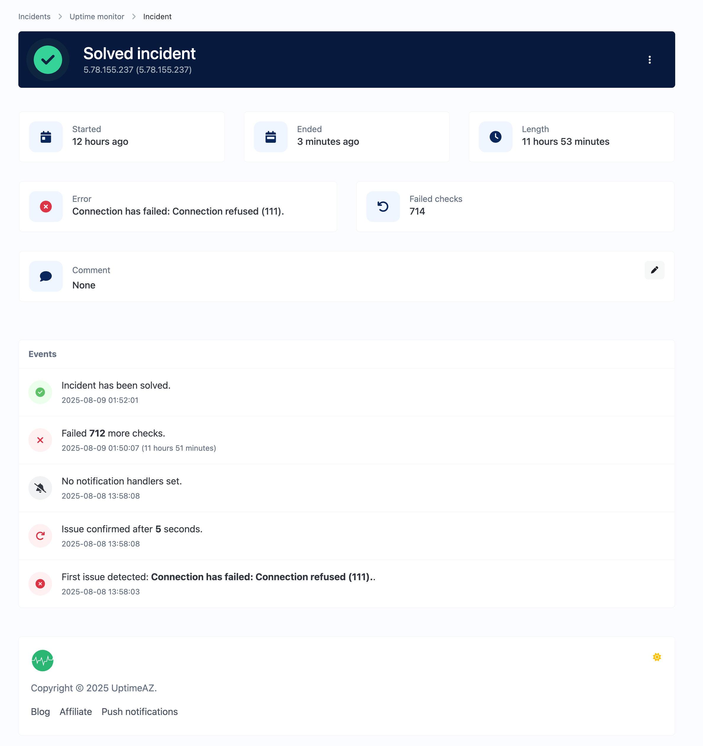 Screenshot of the app monitors incidents page